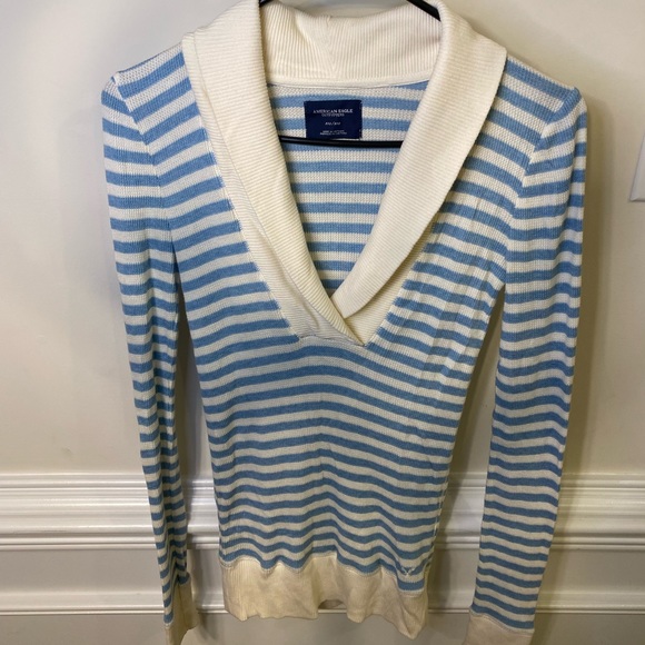American Eagle Blue and Cream Collared V-Neck Striped Sweater Women’s Size M - Picture 6 of 11